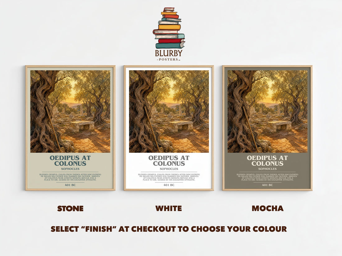 Oedipus at Colonus bookish print framed by window – Stone, White and Mocha side by side – choose your colour