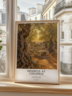 Oedipus at Colonus book cover print in frame leaning in hallway – classic literature wall art