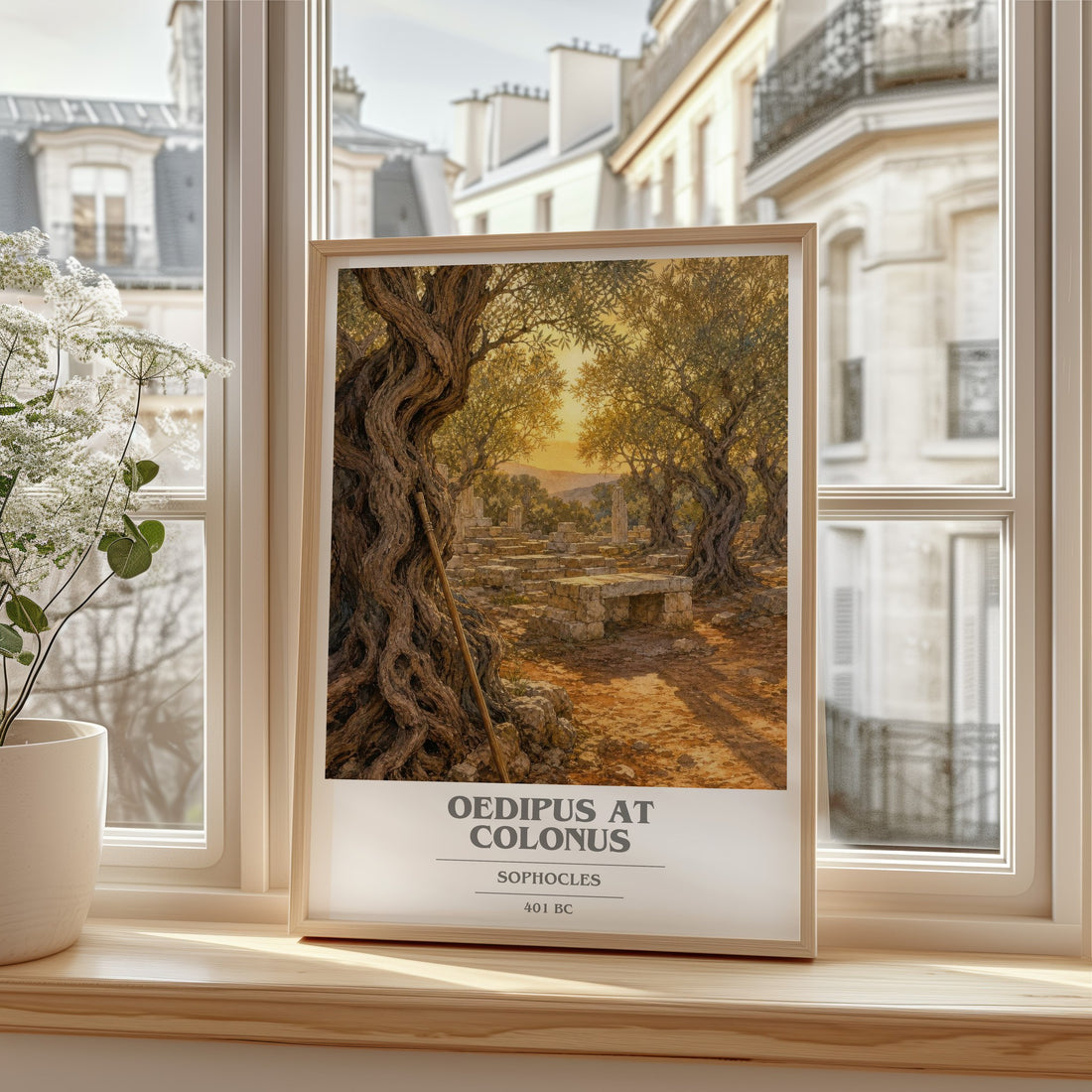 Oedipus at Colonus book cover print in frame leaning in hallway – classic literature wall art