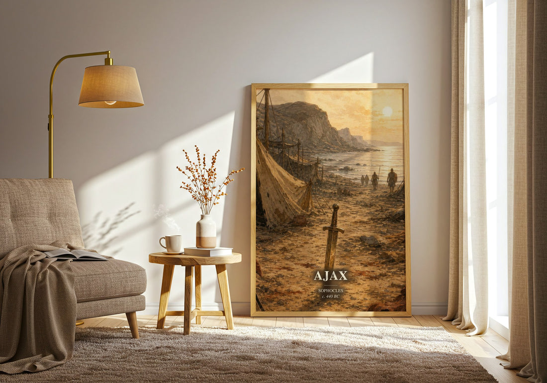 Ajax watercolour print in frame leaning in hallway – classic literature wall art