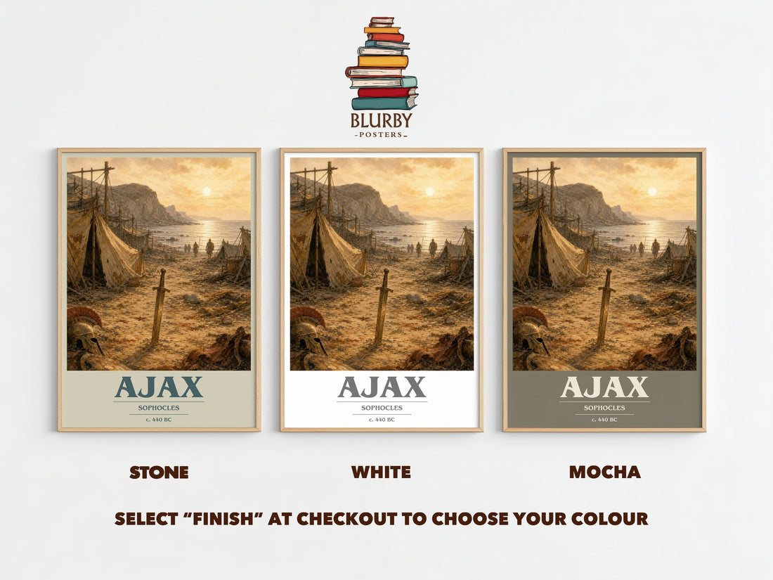 Ajax book cover print framed by window – Stone, White and Mocha side by side – choose your colour