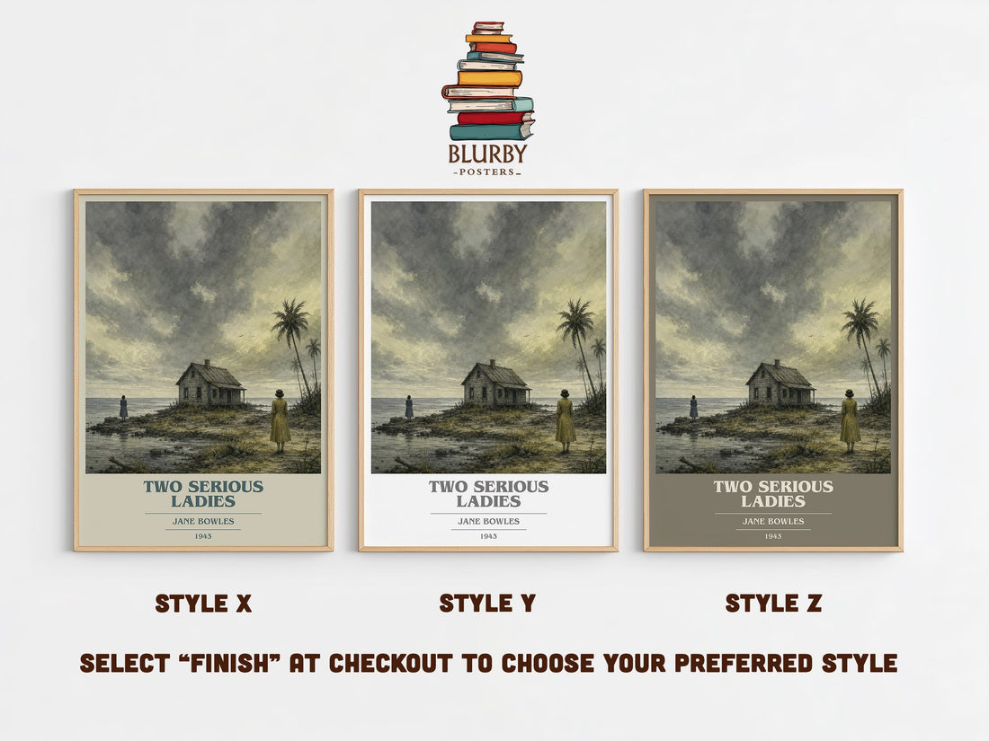 Two Serious Ladies book cover print in frame leaning in hallway – literary fiction wall art (mockup)
