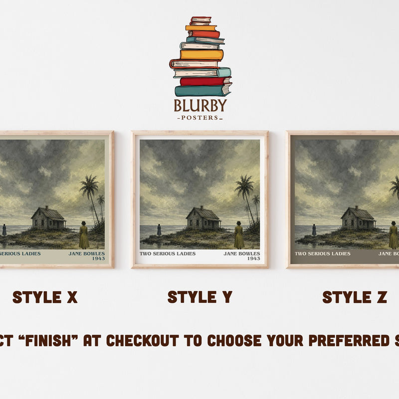 Two Serious Ladies literary print in frame leaning in hallway – literary fiction wall art