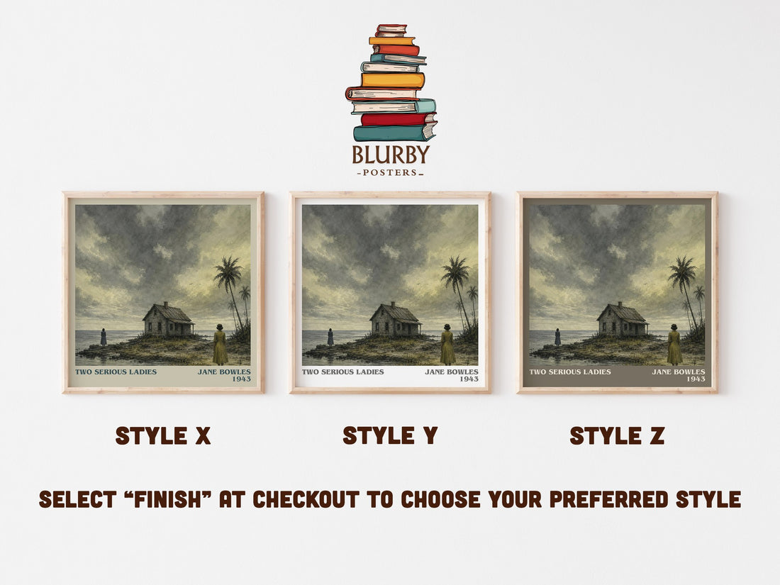 Two Serious Ladies literary print in frame leaning in hallway – literary fiction wall art (mockup)