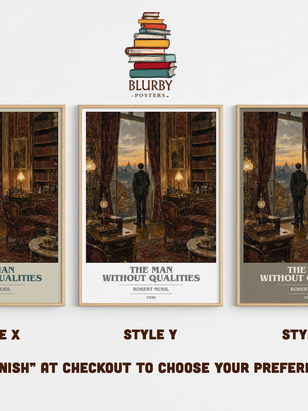 The Man Without Qualities book cover print in frame leaning in hallway – literary fiction wall art