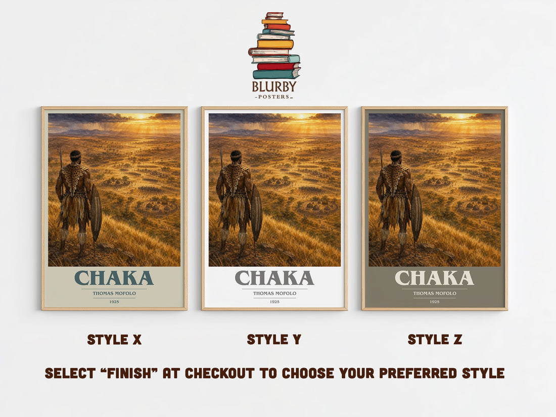 Chaka book cover print in frame leaning in hallway – historical fiction wall art (mockup)