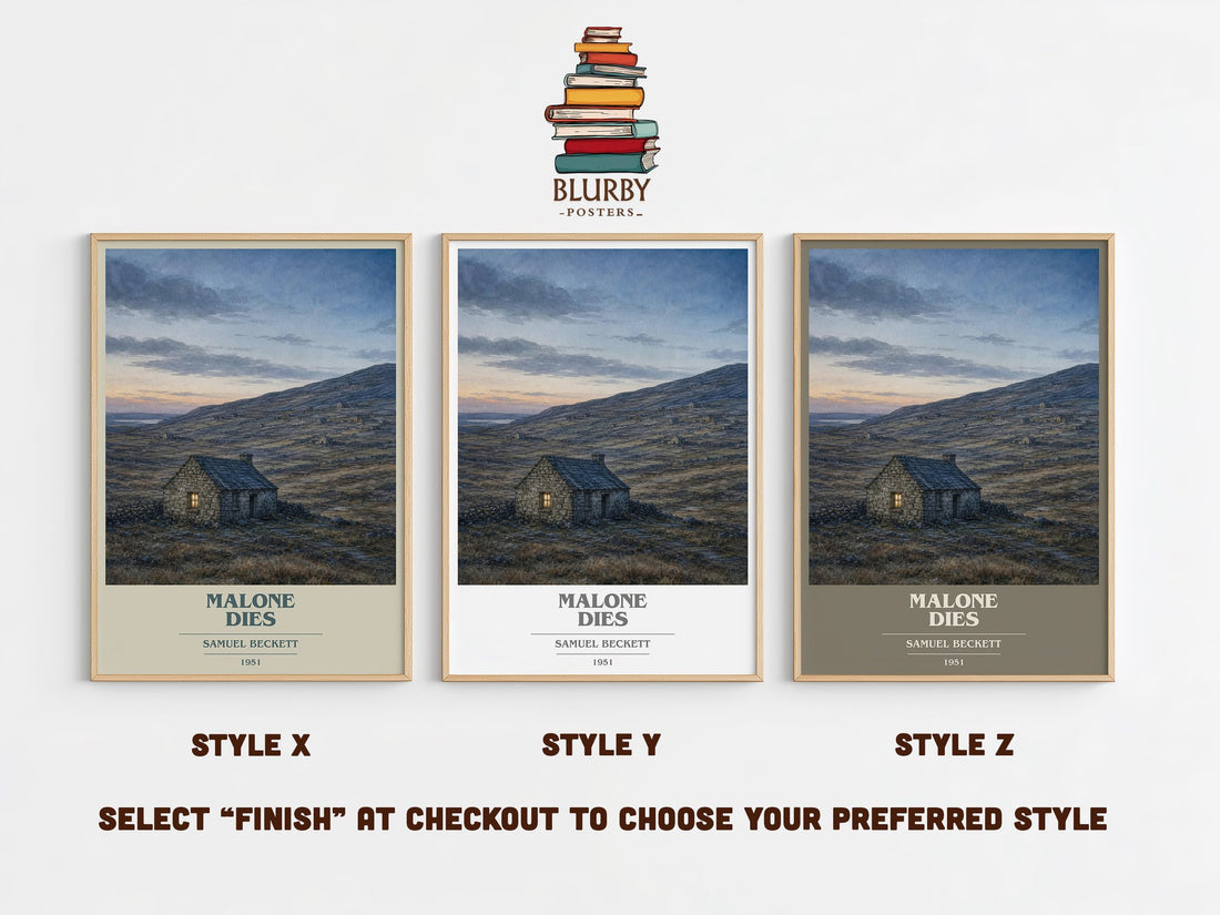 Malone Dies book cover print in frame leaning in hallway – literary fiction wall art (mockup)