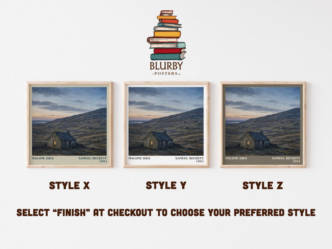 Malone Dies literary print in frame leaning in hallway – literary fiction wall art (mockup)