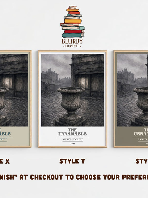 The Unnamable book cover print in frame leaning in hallway – literary fiction wall art