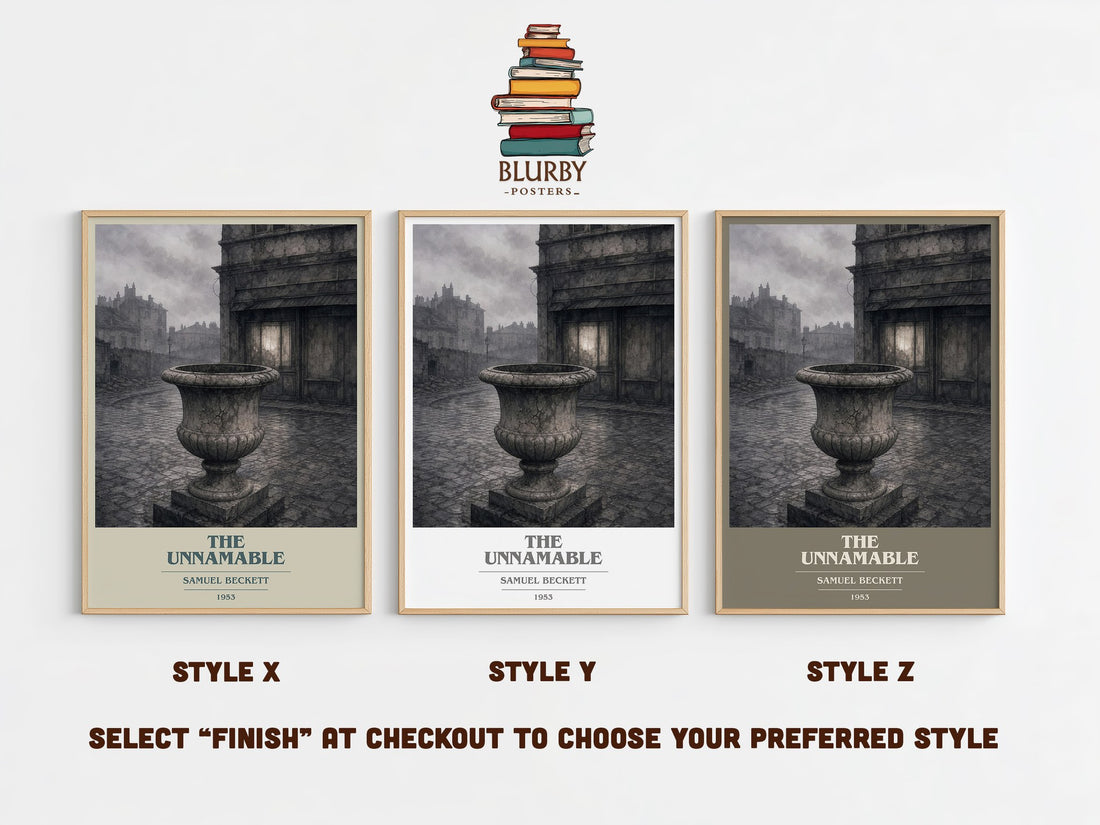 The Unnamable book cover print in frame leaning in hallway – literary fiction wall art (mockup)