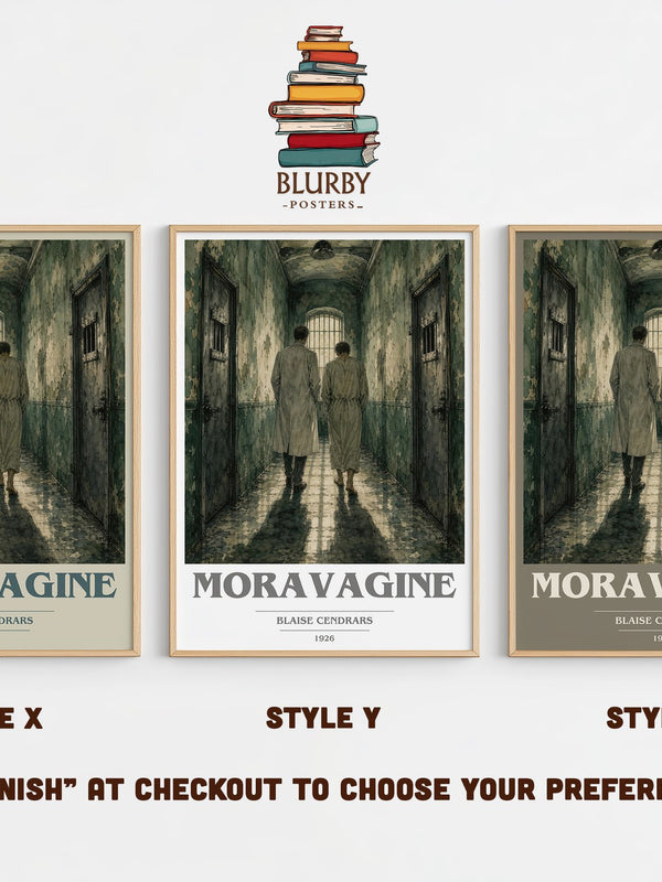 Moravagine book cover print in frame leaning in hallway – literary fiction wall art