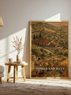 Works and Days watercolour print in frame leaning in hallway – poetry wall art