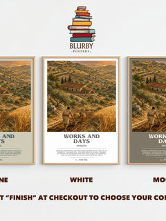 Works and Days bookish print framed by window – Stone, White and Mocha side by side – choose your colour