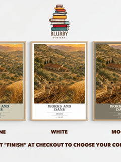Works and Days book cover print framed by window – Stone, White and Mocha side by side – choose your colour