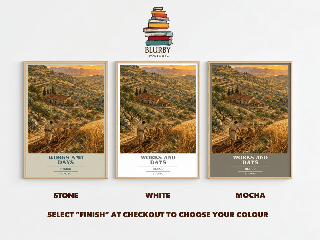 Works and Days book cover print framed by window – Stone, White and Mocha side by side – choose your colour
