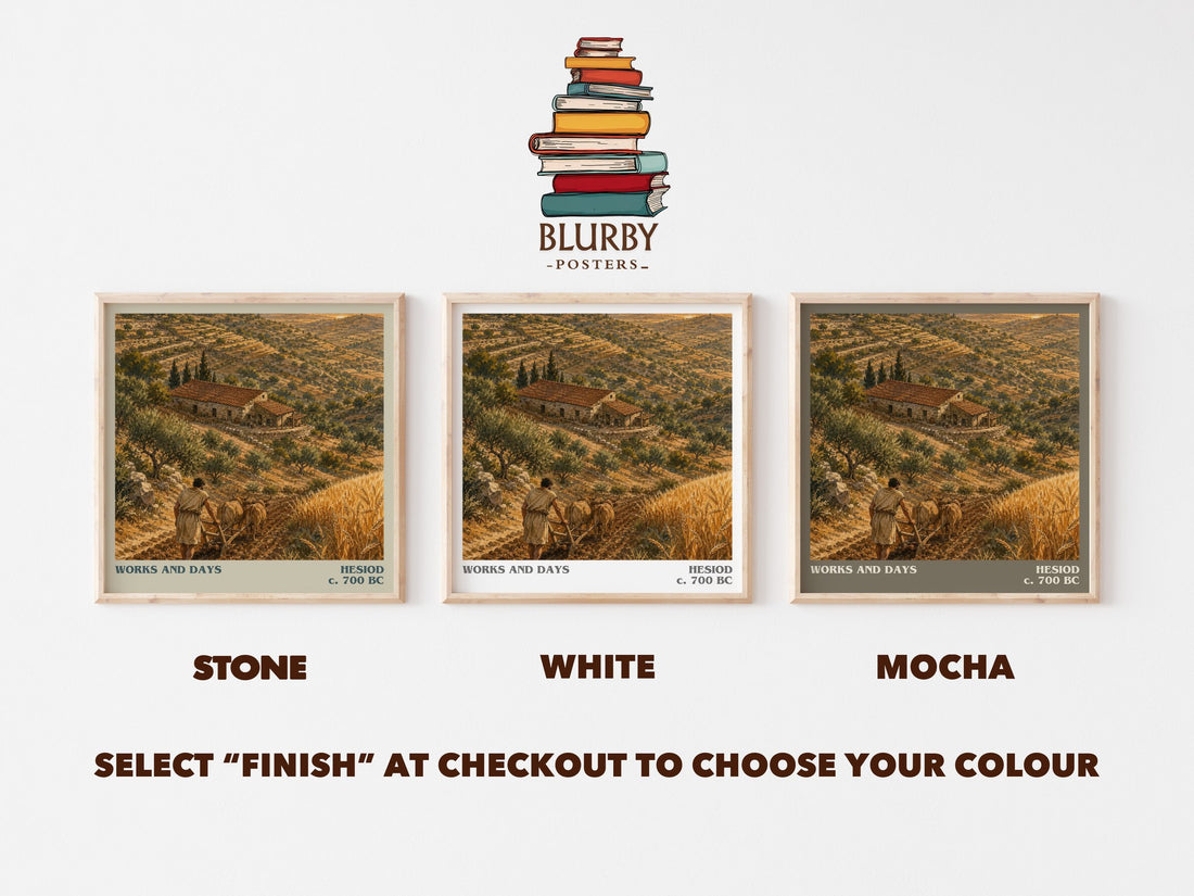 Works and Days literary print framed by window – Stone, White and Mocha square prints side by side – choose your colour