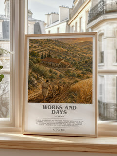 Works and Days bookish print in frame leaning in hallway – poetry wall art