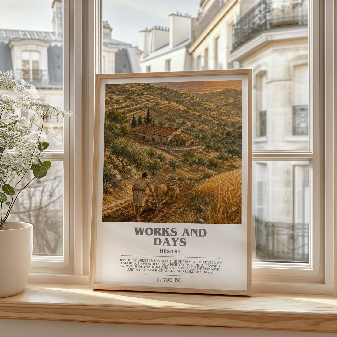 Works and Days bookish print in frame leaning in hallway – poetry wall art