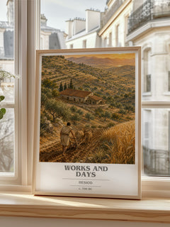 Works and Days book cover print in frame leaning in hallway – poetry wall art