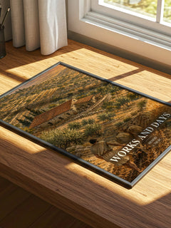 Works and Days watercolour book poster framed on wall – poetry wall art