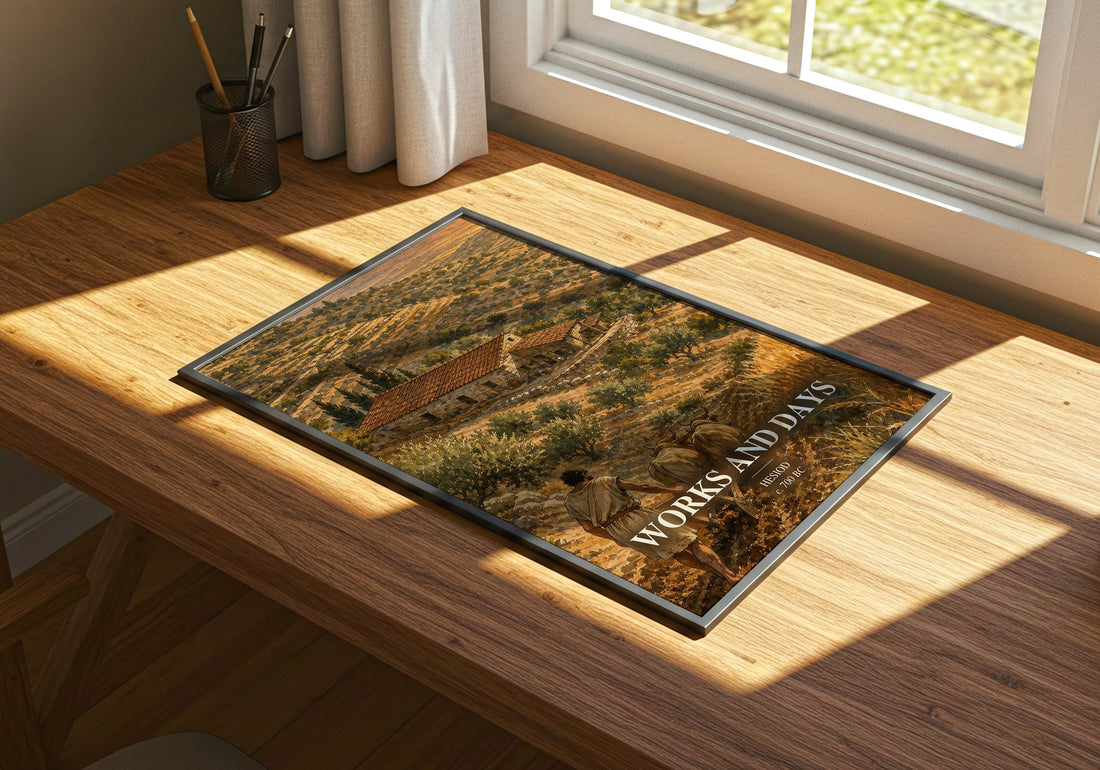 Works and Days watercolour book poster framed on wall – poetry wall art