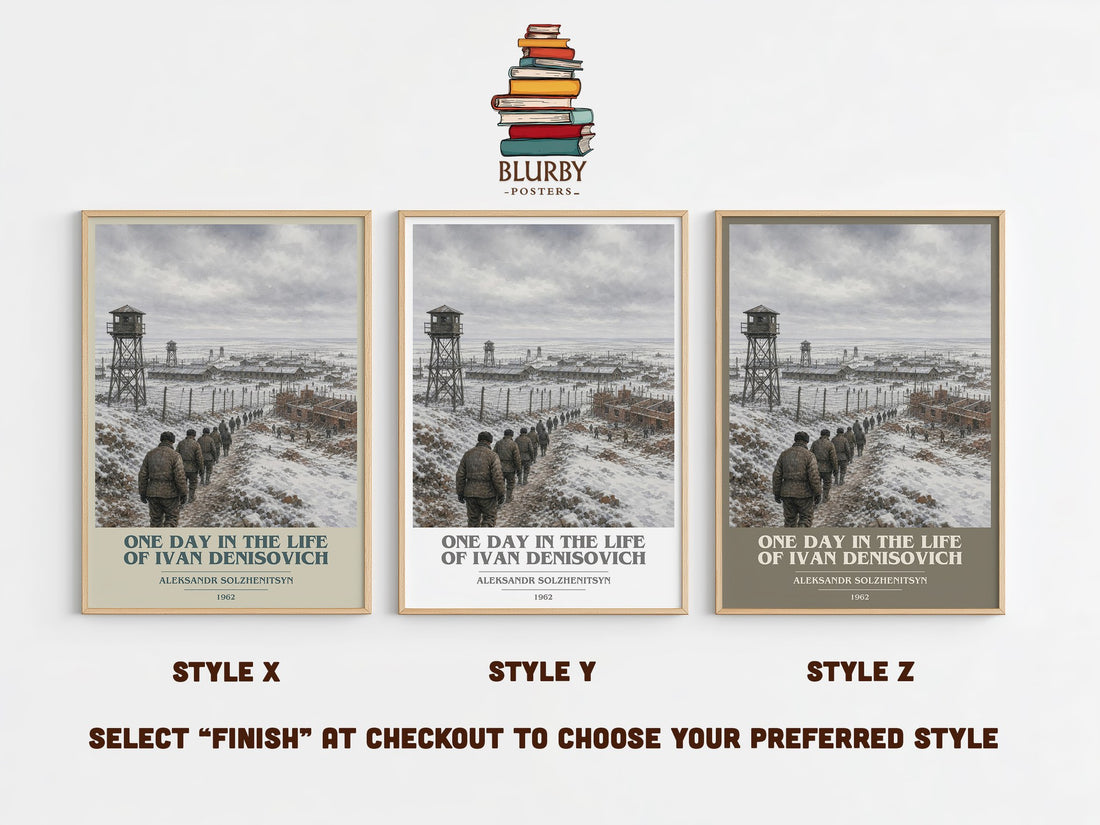 One Day in the Life of Ivan Denisovich book cover print in frame leaning in hallway – historical fiction wall art (mockup)