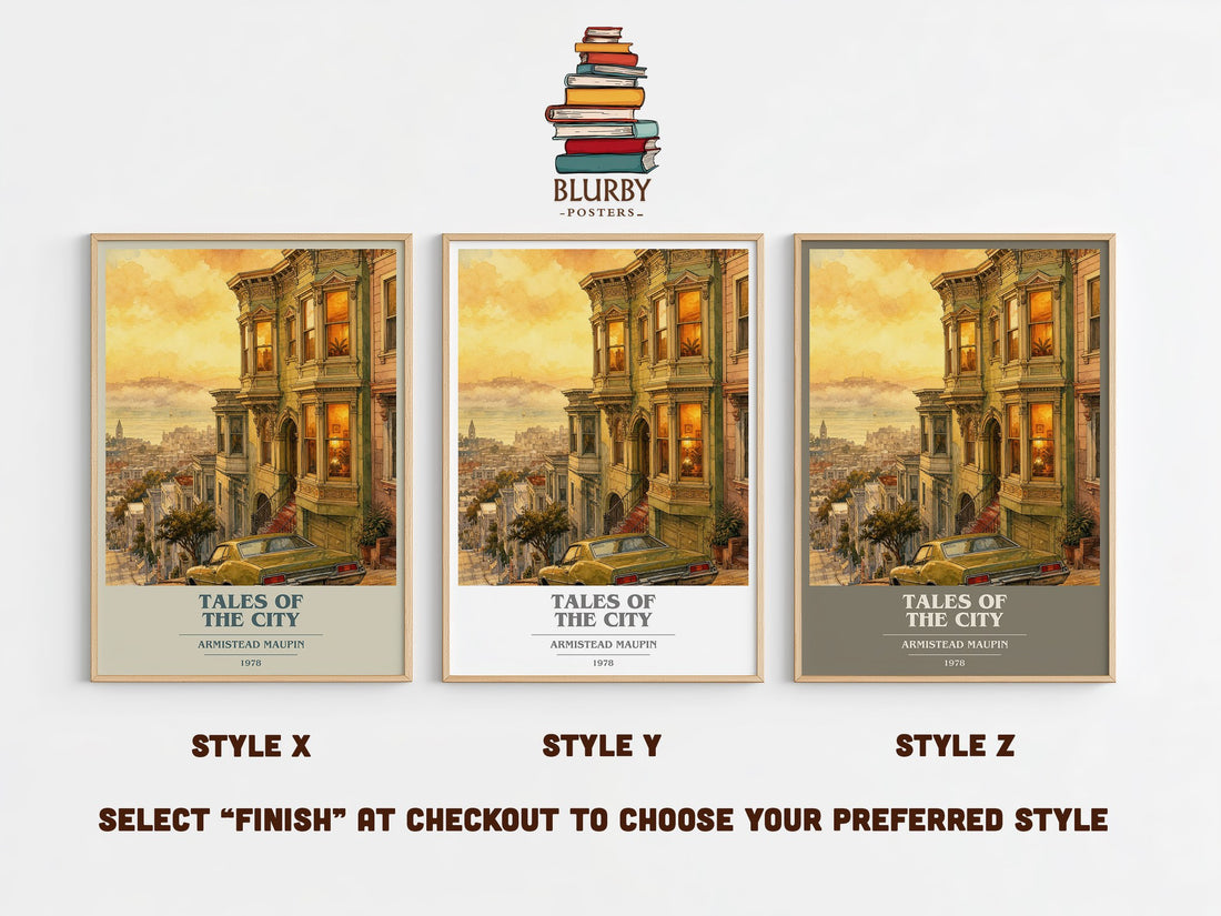 Tales of the City book cover print in frame leaning in hallway – literary fiction wall art (mockup)