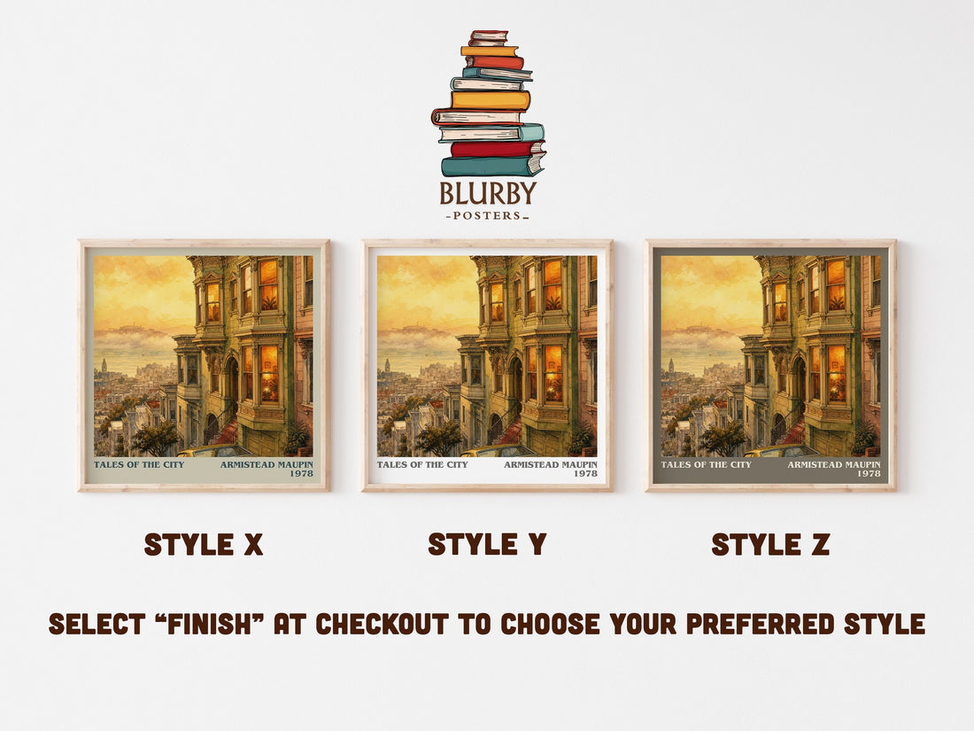 Tales of the City literary print in frame leaning in hallway – literary fiction wall art (mockup)