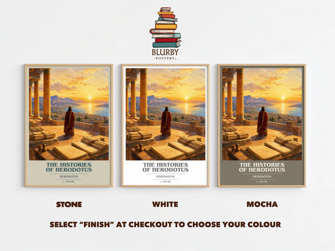 The Histories of Herodotus book cover print framed by window – Stone, White and Mocha side by side – choose your colour