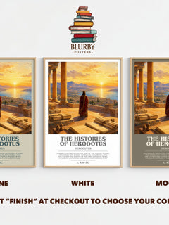 The Histories of Herodotus bookish print framed by window – Stone, White and Mocha side by side – choose your colour