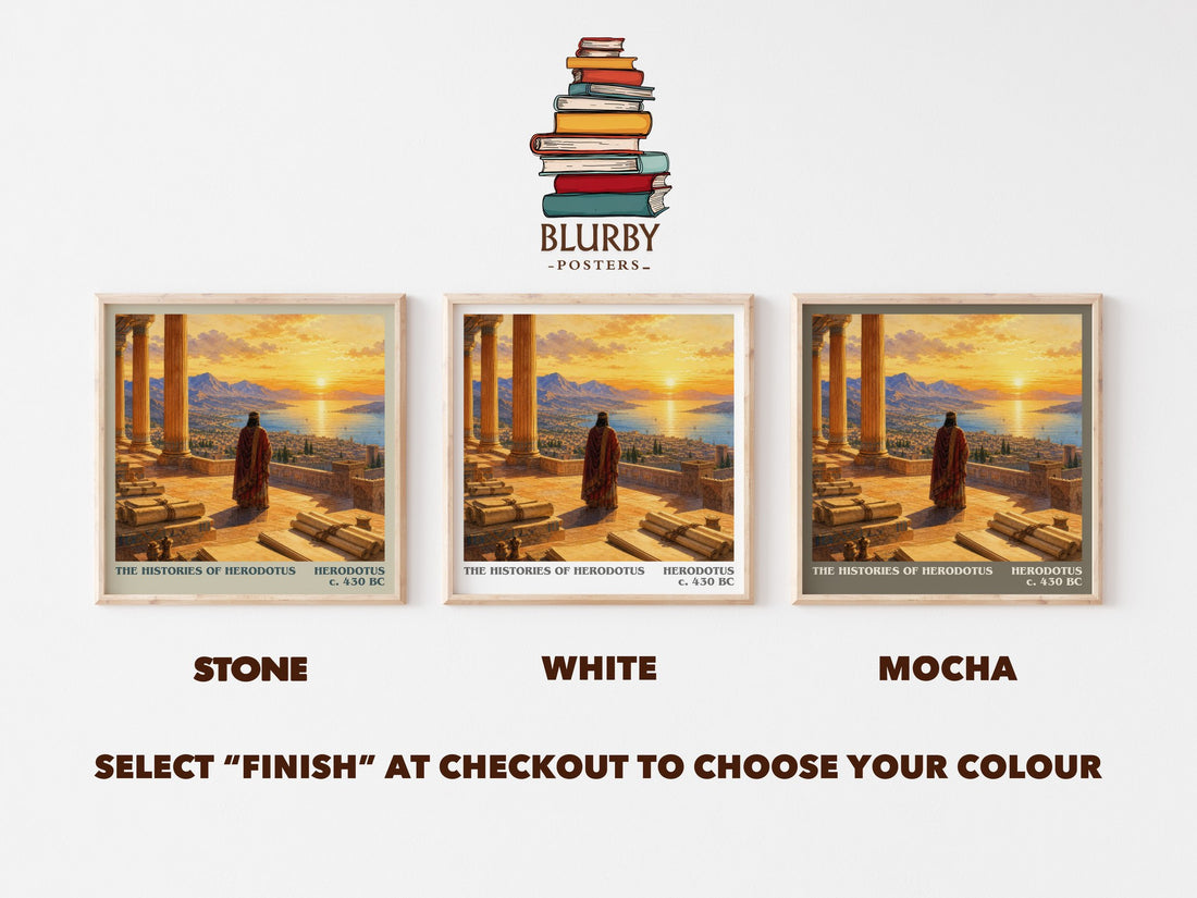 The Histories of Herodotus literary print framed by window – Stone, White and Mocha square prints side by side – choose your colour