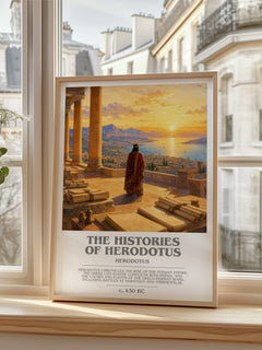 The Histories of Herodotus bookish print in frame leaning in hallway – non fiction wall art