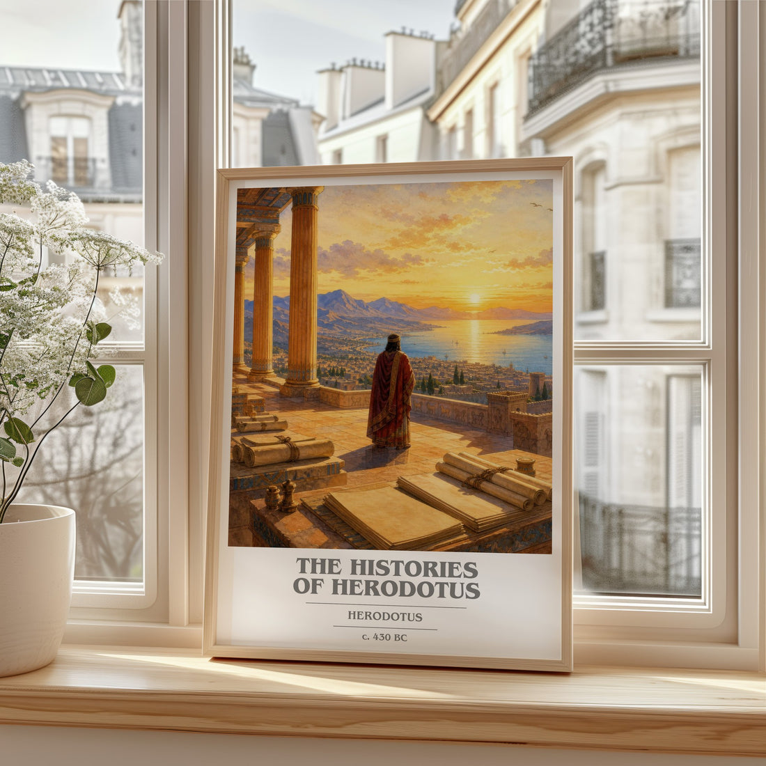 The Histories of Herodotus book cover print in frame leaning in hallway – non fiction wall art