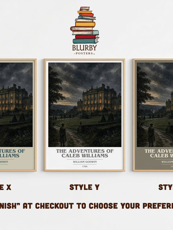 The Adventures of Caleb Williams book cover print in frame leaning in hallway – gothic wall art