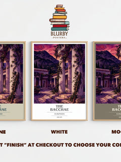 The Bacchae book cover print framed by window – Stone, White and Mocha side by side – choose your colour