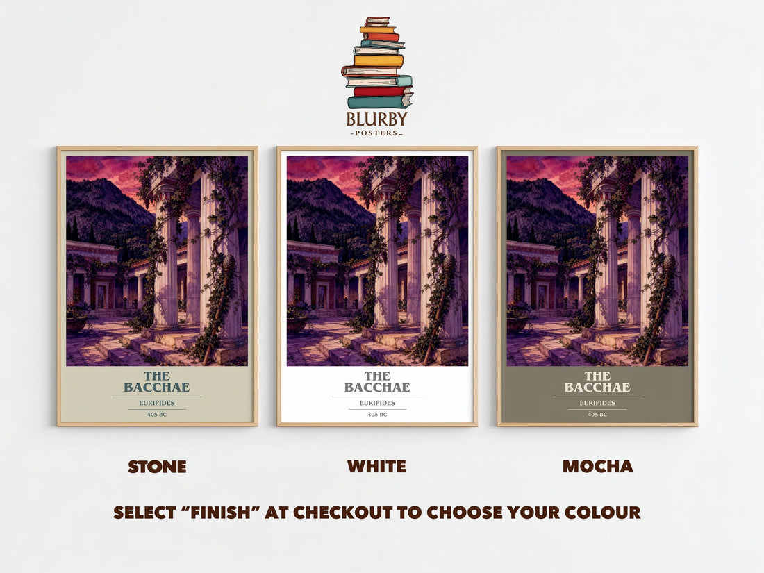 The Bacchae book cover print framed by window – Stone, White and Mocha side by side – choose your colour