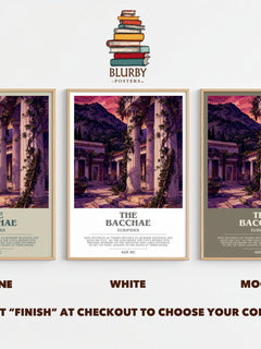 The Bacchae bookish print framed by window – Stone, White and Mocha side by side – choose your colour