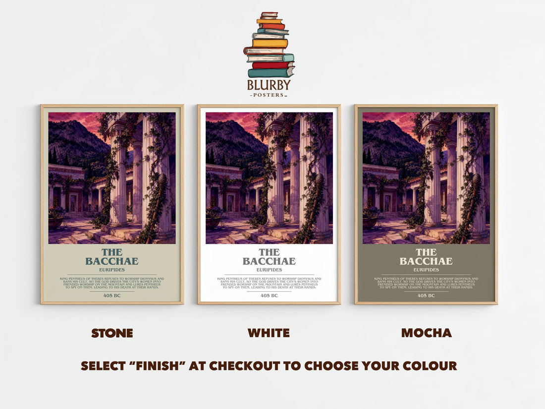 The Bacchae bookish print framed by window – Stone, White and Mocha side by side – choose your colour