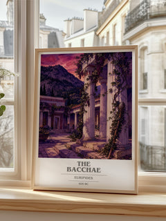 The Bacchae book cover print in frame leaning in hallway – classic literature wall art
