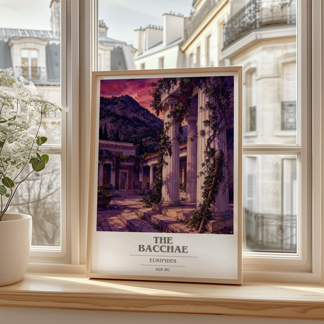The Bacchae book cover print in frame leaning in hallway – classic literature wall art