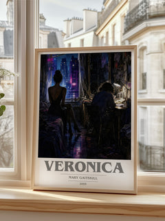 Veronica book cover print in frame leaning in hallway – literary fiction wall art