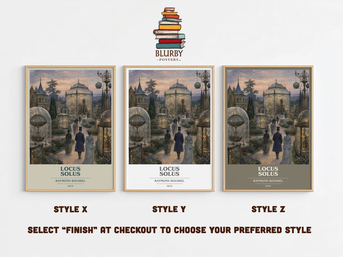 Locus Solus book cover print in frame leaning in hallway – literary fiction wall art (mockup)