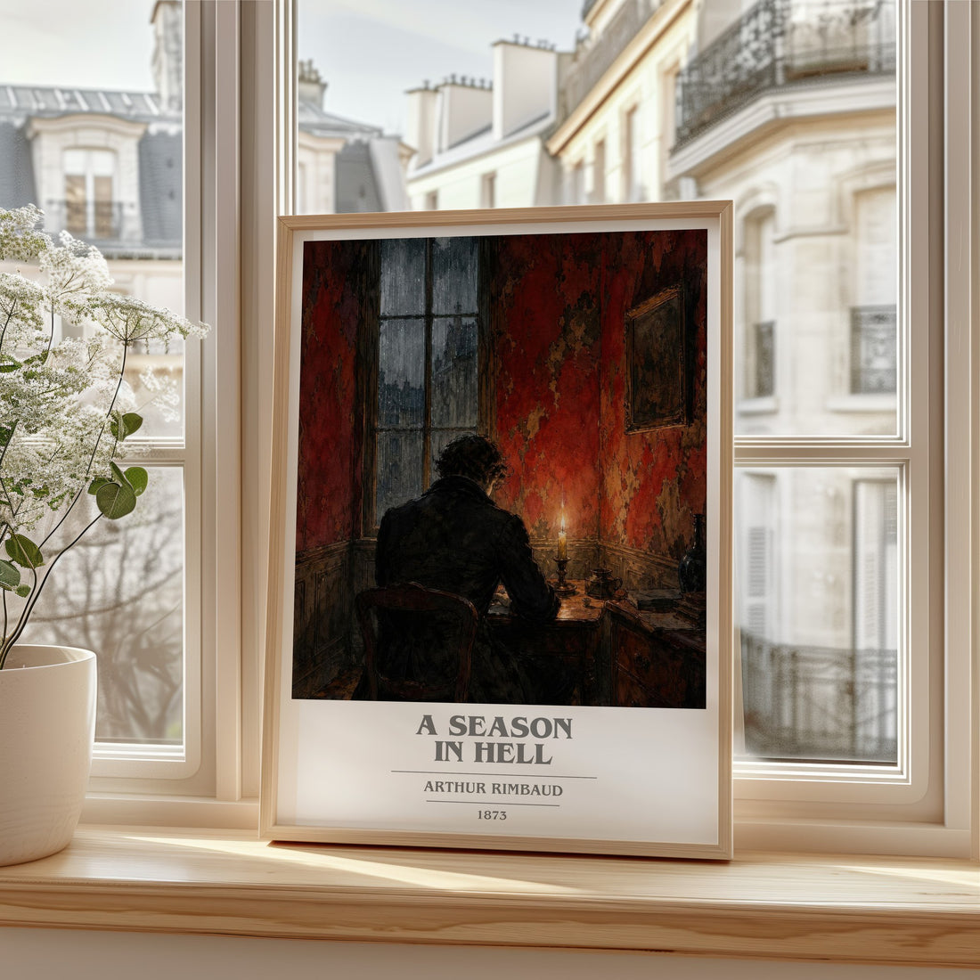 A Season in Hell book cover print in frame leaning in hallway – poetry wall art