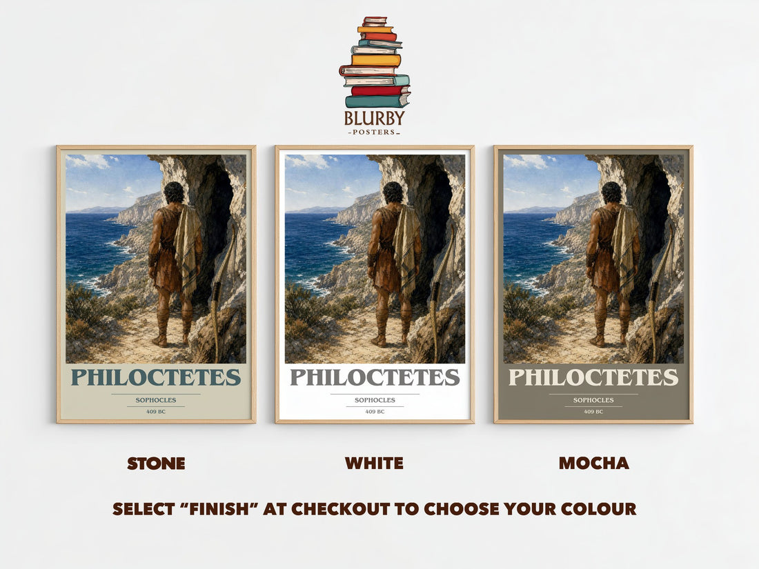Philoctetes book cover print framed by window – Stone, White and Mocha side by side – choose your colour