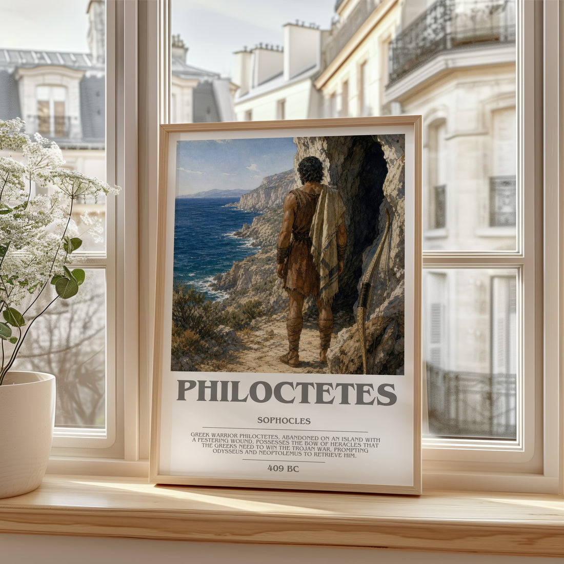Philoctetes bookish print in frame leaning in hallway – classic literature wall art