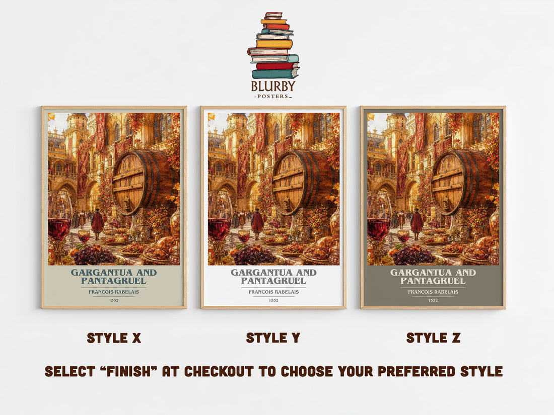 Gargantua and Pantagruel book cover print in frame leaning in hallway – satire wall art (mockup)