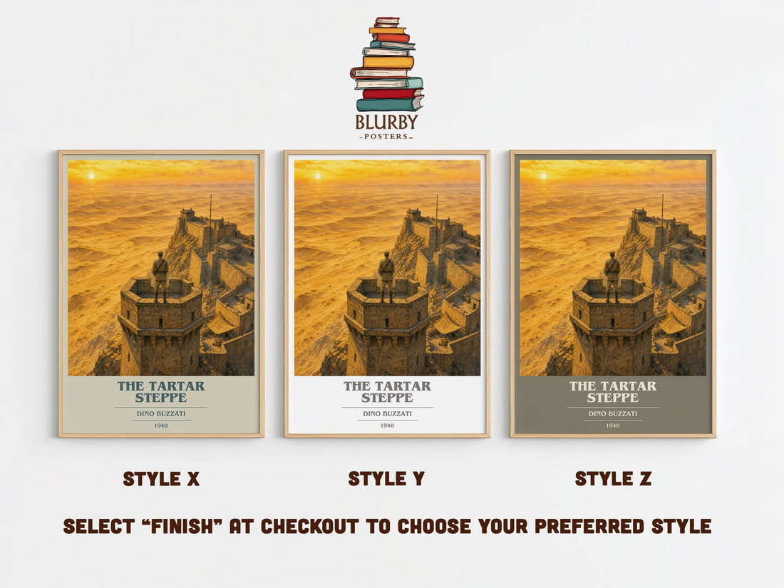 The Tartar Steppe book cover print in frame leaning in hallway – literary fiction wall art (mockup)