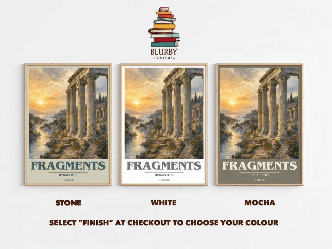 Fragments book cover print framed by window – Stone, White and Mocha side by side – choose your colour