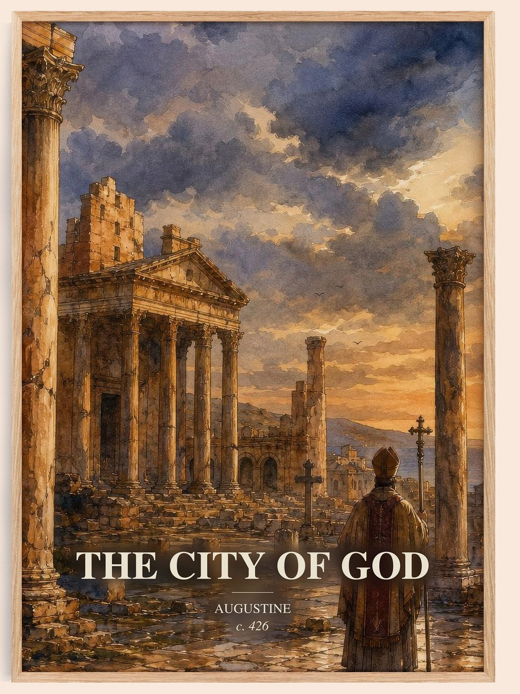The City of God watercolour book poster by Augustine – framed literary art print