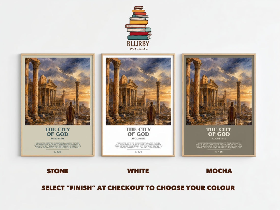 The City of God bookish print framed by window – Stone, White and Mocha side by side – choose your colour